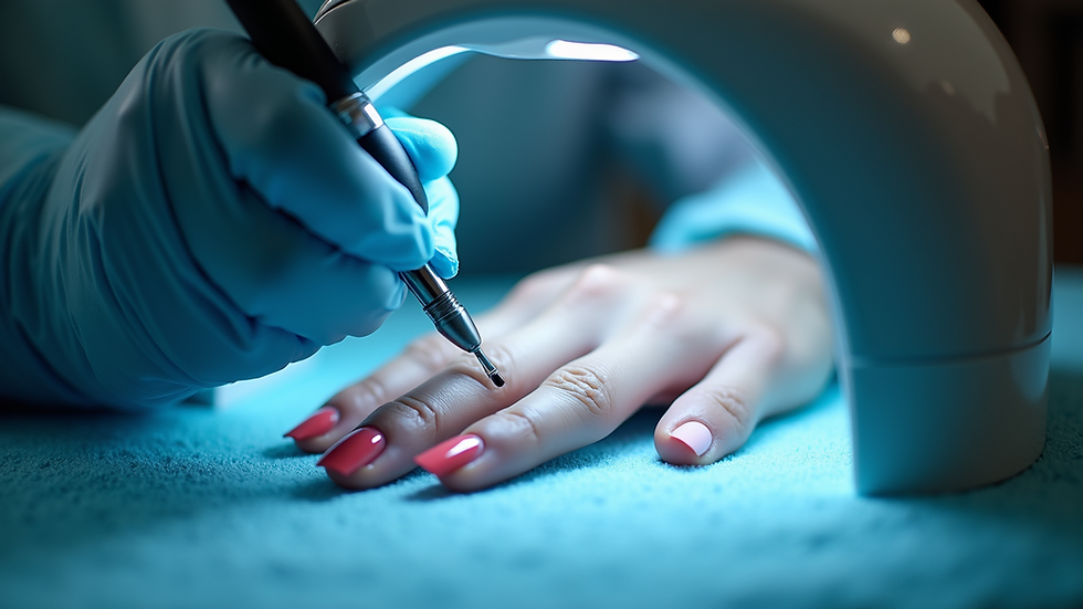 Eye-level view of a nail technician curing gel nails under an LED lamp