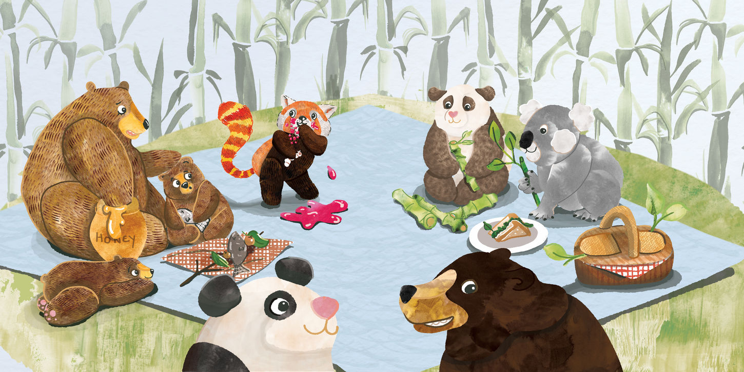A Digital illustration of wild bears, pandas and a koala bear eating a picnic outdoors. 