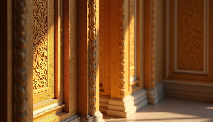 Close-up view of amber panels with gold leaf detailing
