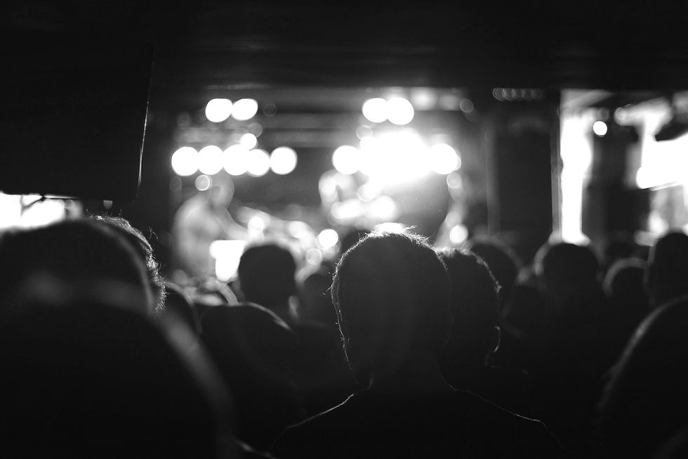 A grayscale image of an audience watching a concert stage