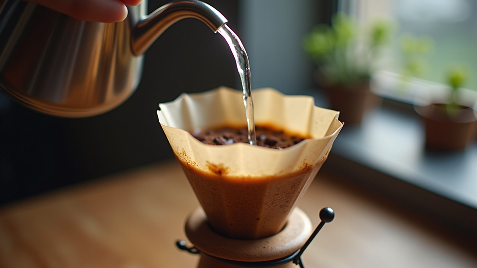 Eye-level view of a pour-over coffee maker with hot water being poured over Kenya coffee grounds