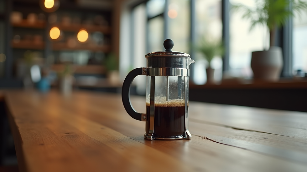 Eye-level view of a French press coffee maker on a wooden table