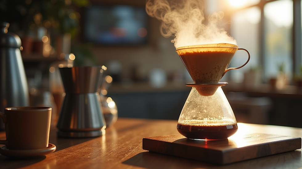 Eye-level view of a pour-over coffee setup with steaming hot coffee