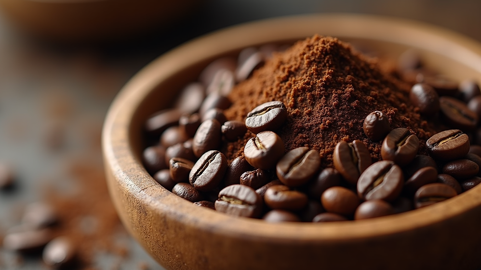 Close-up view of freshly ground Kenya coffee beans in a wooden bowl