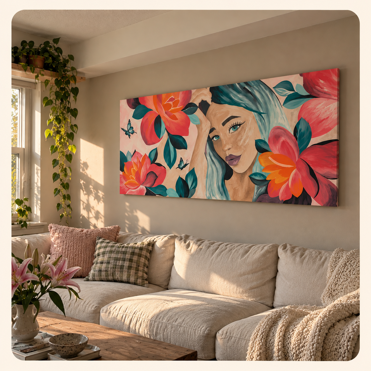 Original floral portrait painting displayed above a sofa