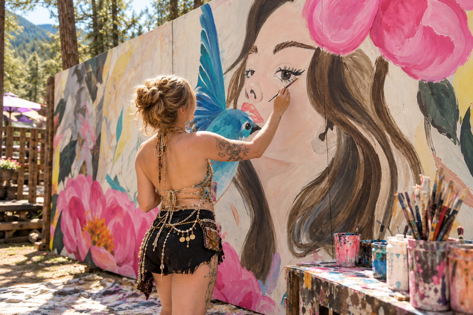 Artist seen from behind painting a colourful outdoor mural