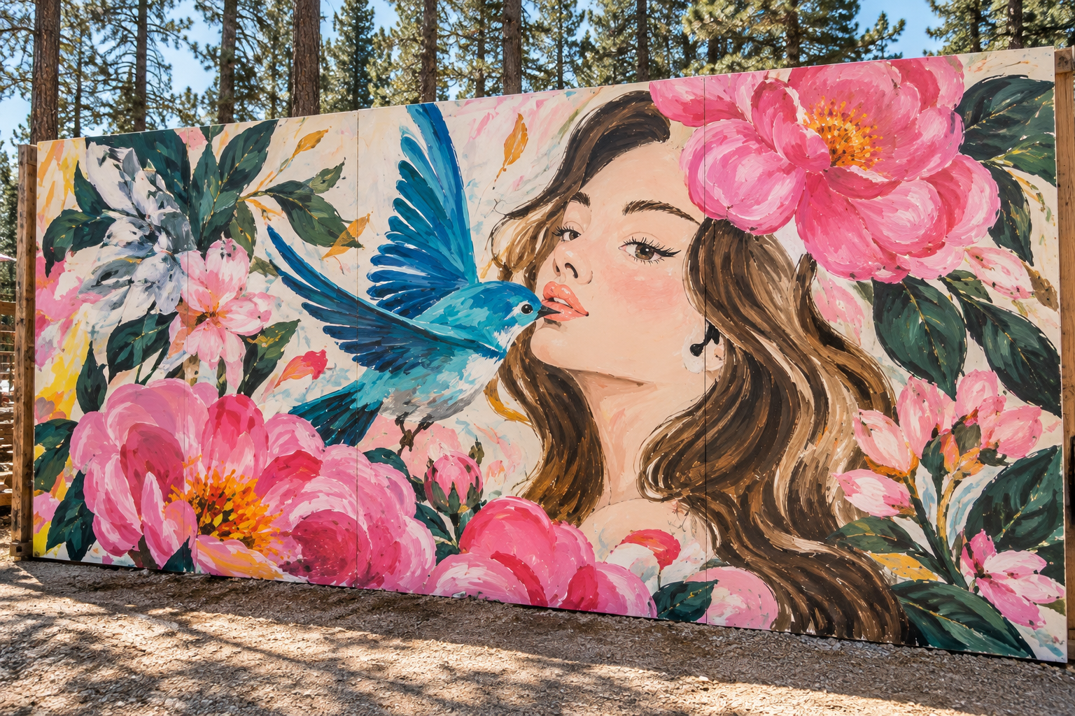 Dreamy Woman and Blue Bird mural with pink flowers in a forest setting