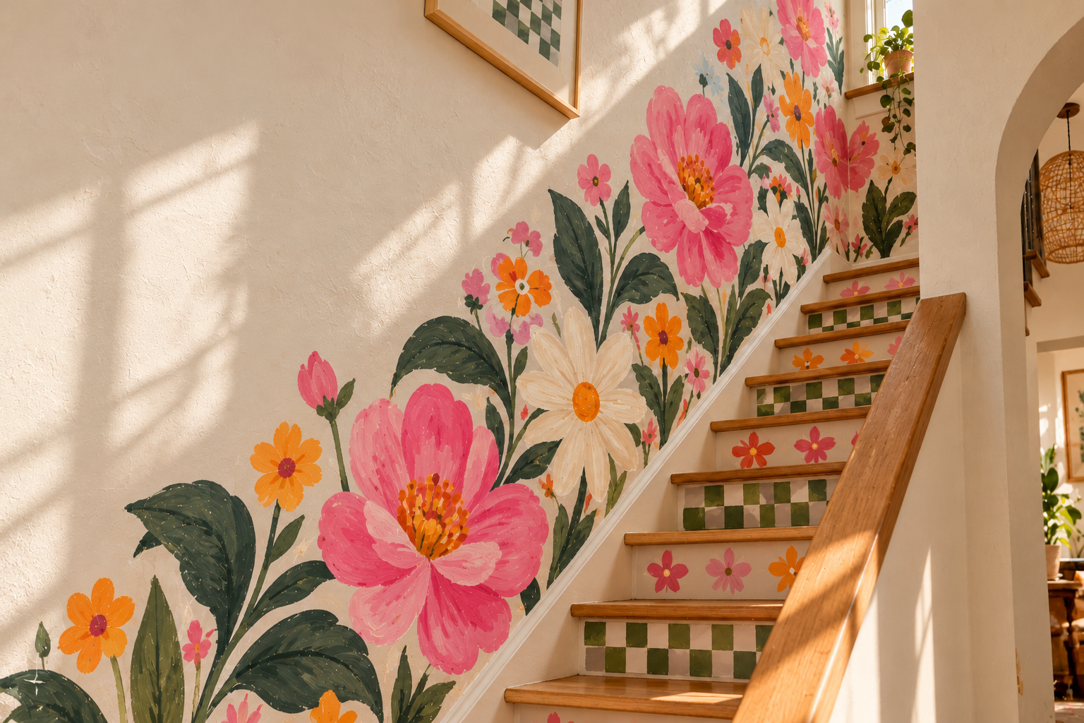 Floral staircase mural concept with pink and orange flowers