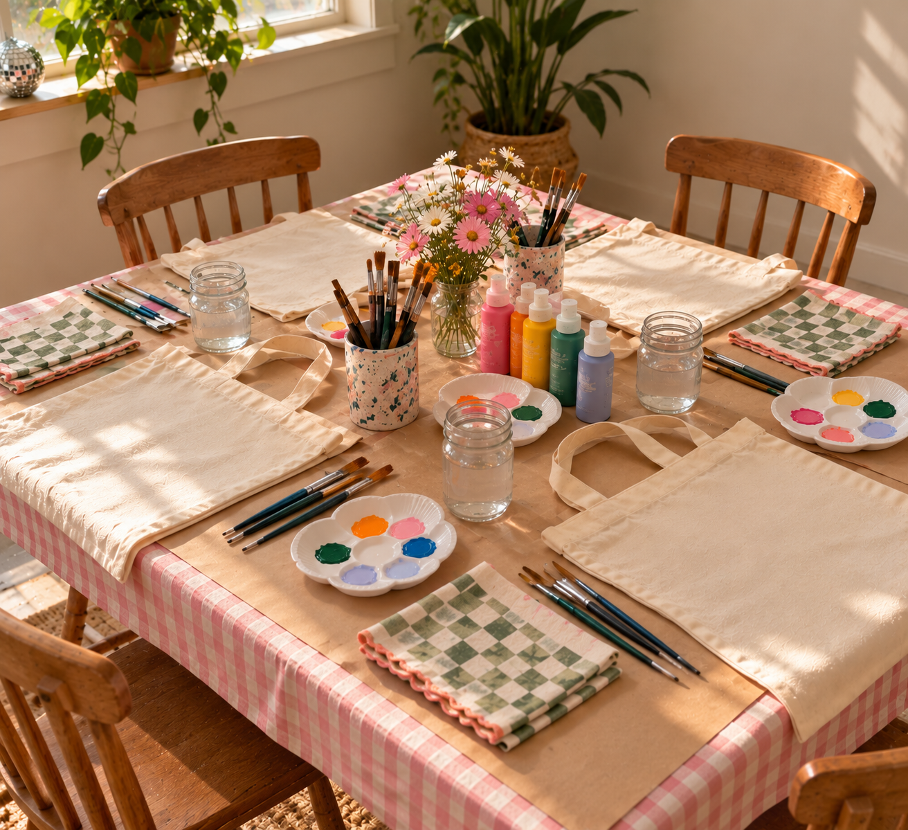 Four-person tote-bag painting art night table setup