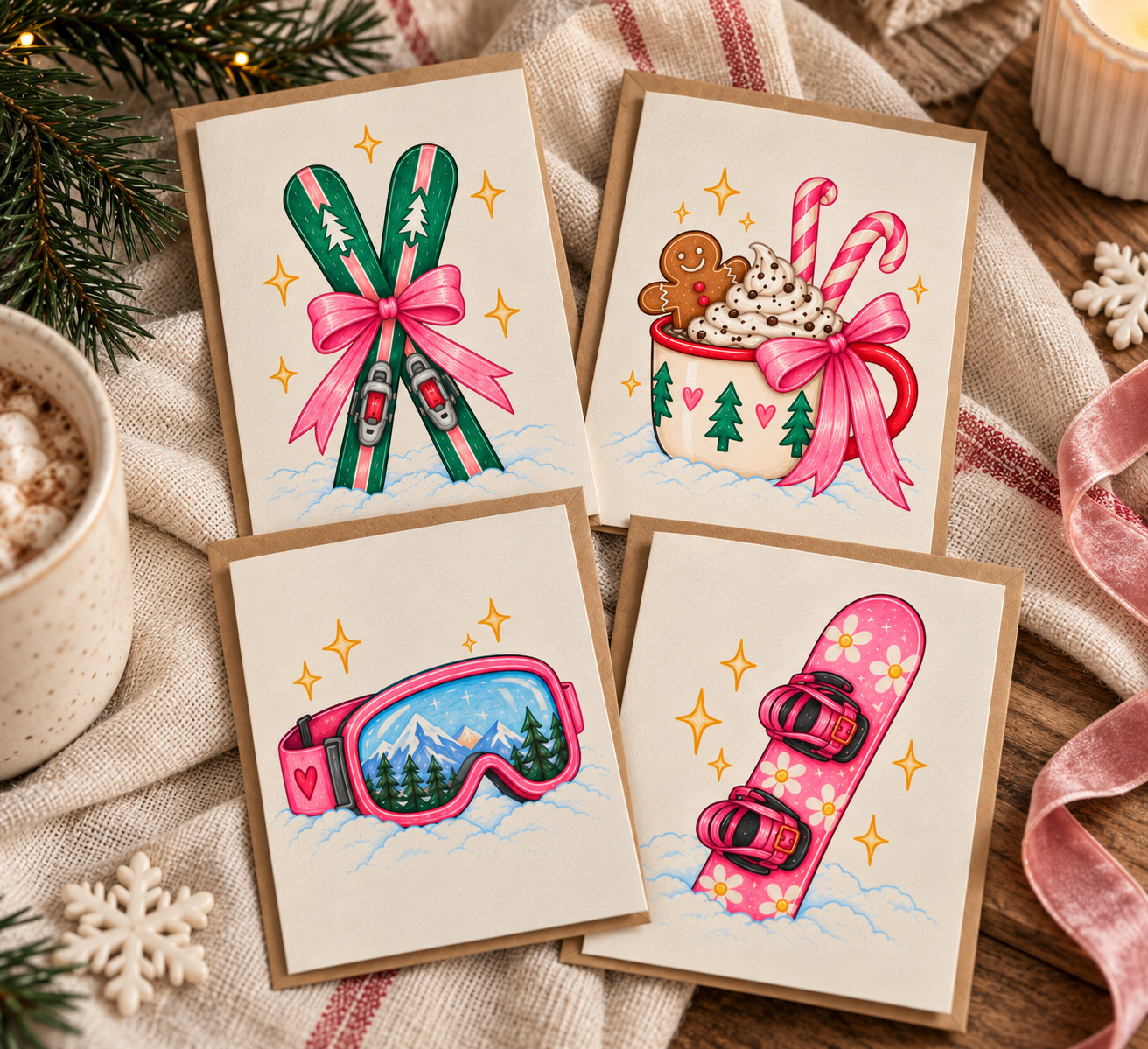 Four Oh, Evie! winter greeting cards styled on a cozy holiday tabletop