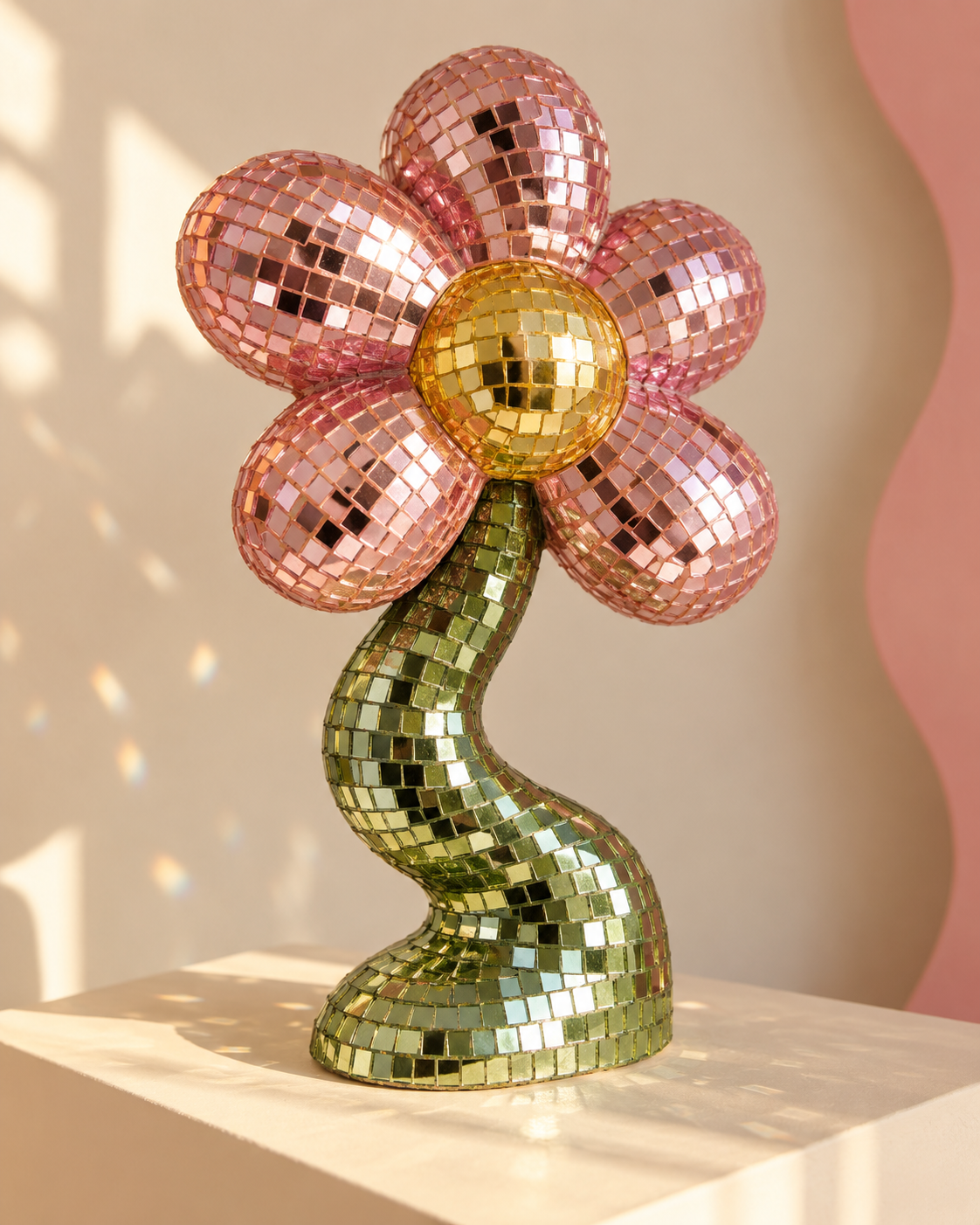 Pink disco-tile flower sculpture by Oh, Evie!