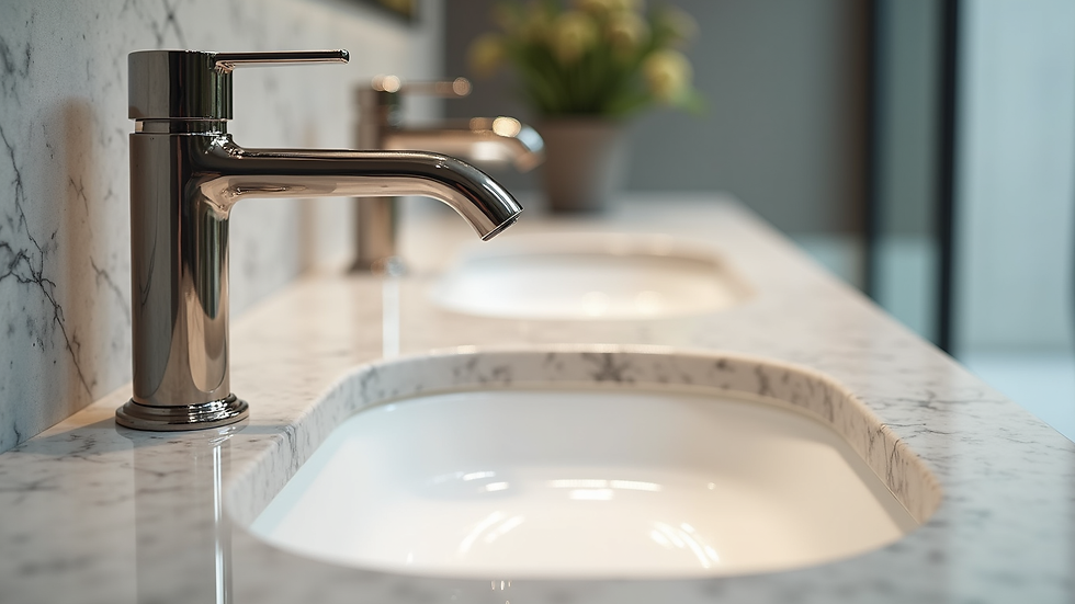 Eye-level view of elegant marble countertop with modern faucet