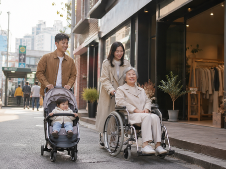 Family with toddler in stroller and grandmother in wheelchair outside KPLANZ Hongdae rental shop near Hongik University Station Exit 3, Seoul.