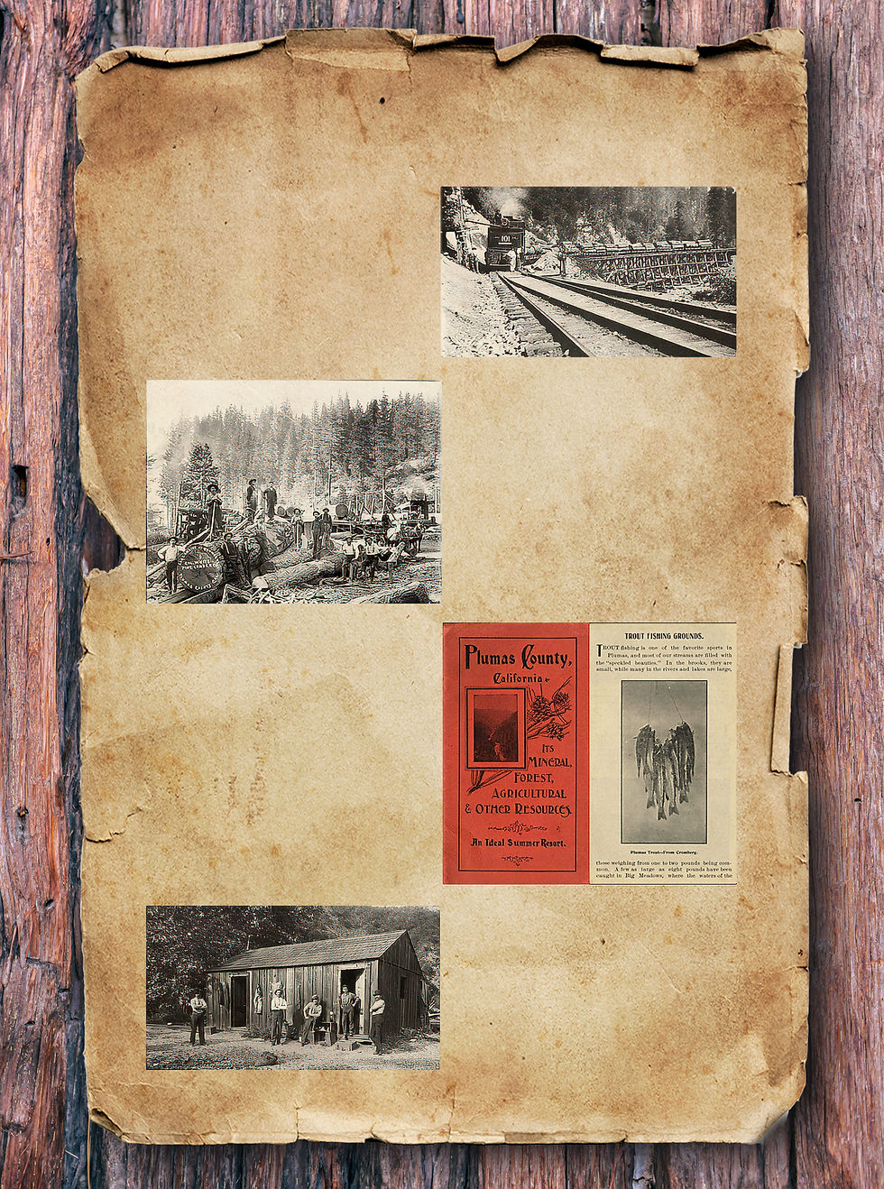 A collection of historical photos showing logging and railroad activities on the Feather River in the early 20th century