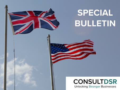 UK and US flags flying, with the Consult DSR logo and a title saying Special Bulletin