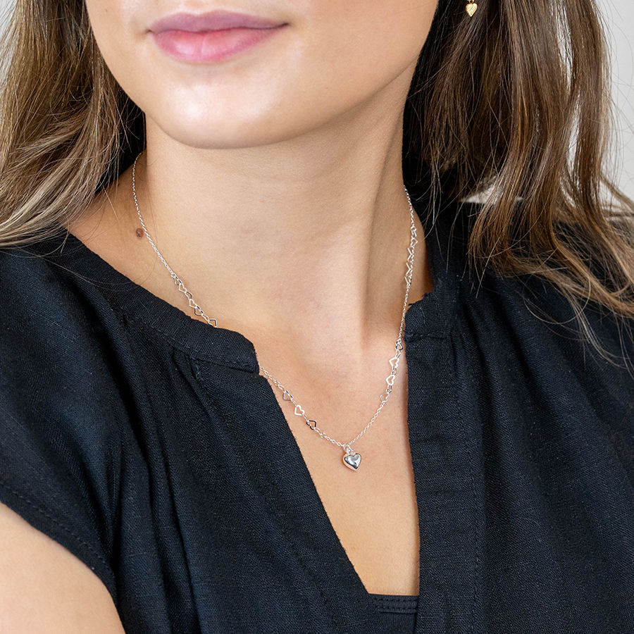 Sterling silver fine chain necklace with heart links and a polished heart pendant