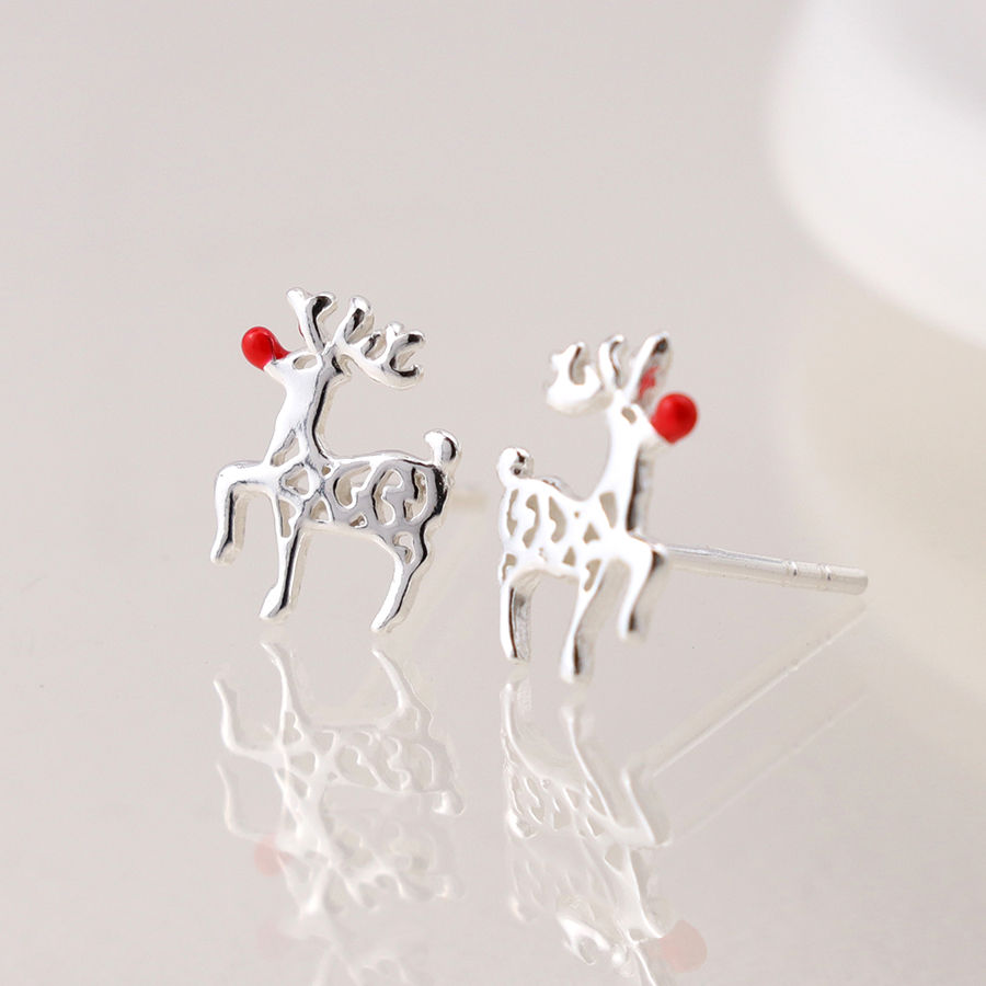 Sterling silver Rudolph the reindeer stud earrings with red enamel nose
