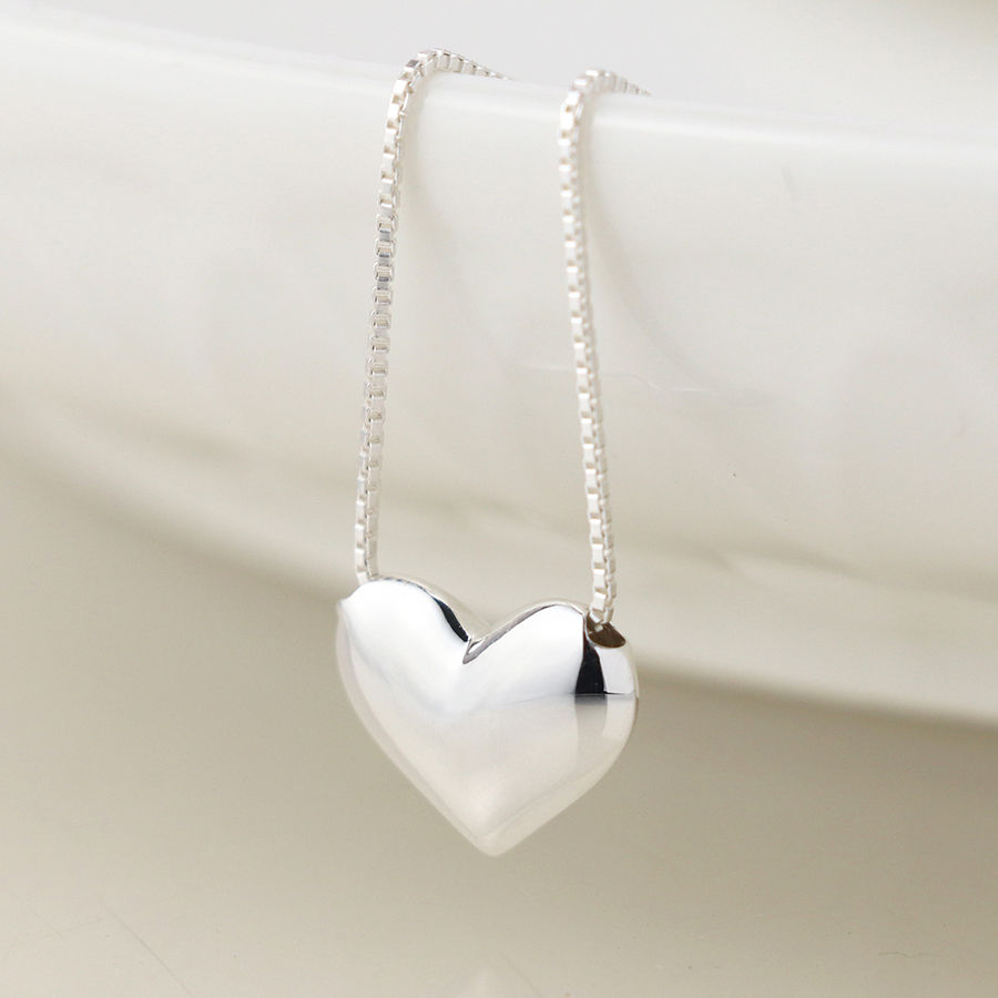 Sterling silver smooth polished heart pendant on a fine silver box chain