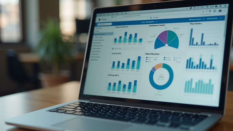 Close-up view of a laptop screen showing compliance dashboard with charts and deadlines
