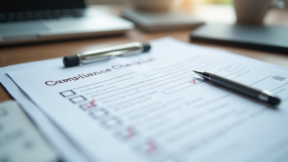 Close-up view of a compliance checklist with a pen on a desk