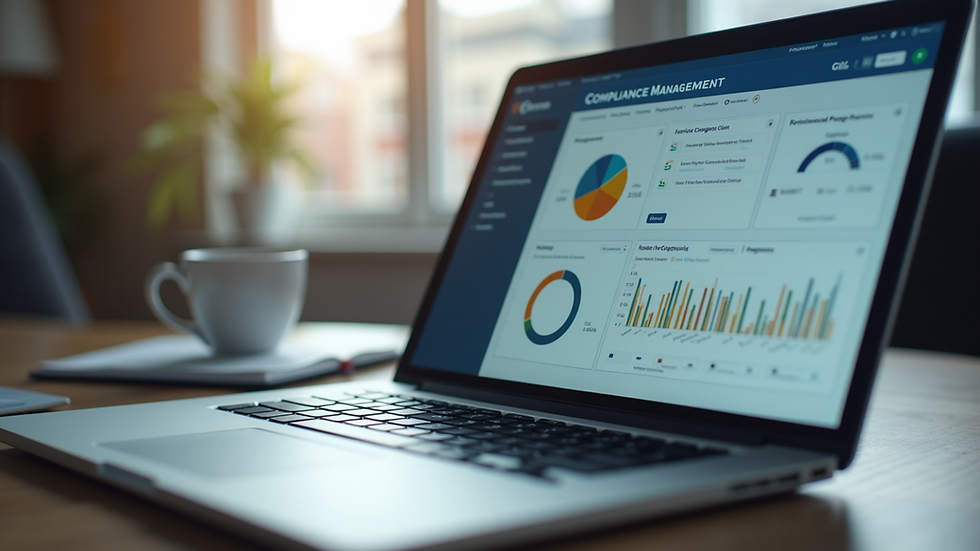 Close-up view of a laptop screen showing compliance management software dashboard