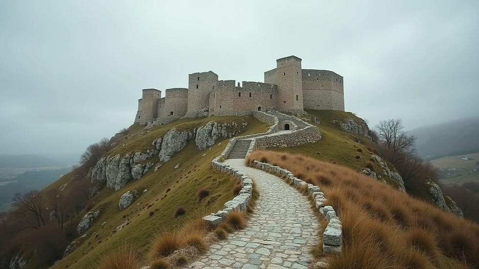 Eye-level view of ancient stone fortress on a hilltop