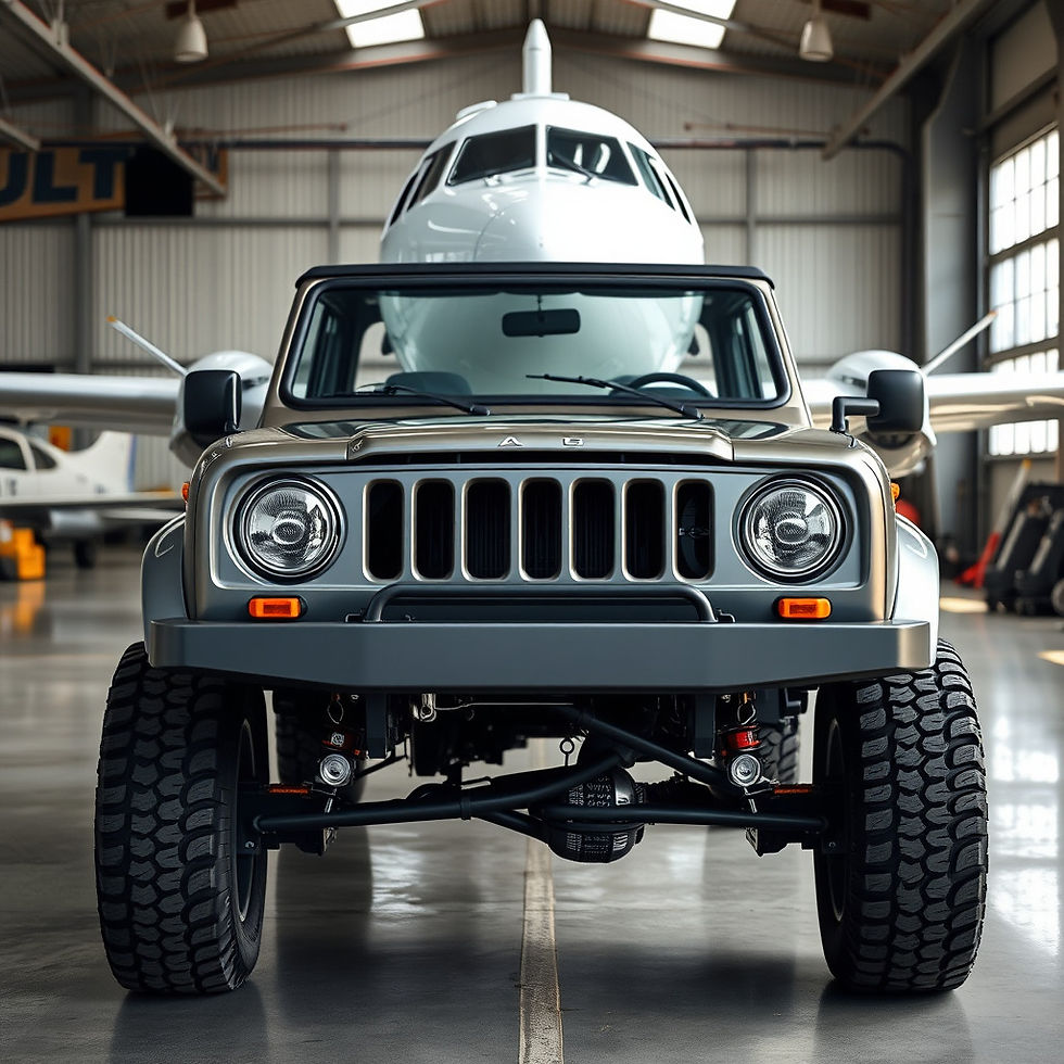 A dark silver, lifted International Scout 2 resto-Mod front view, in an airplane hanger wi