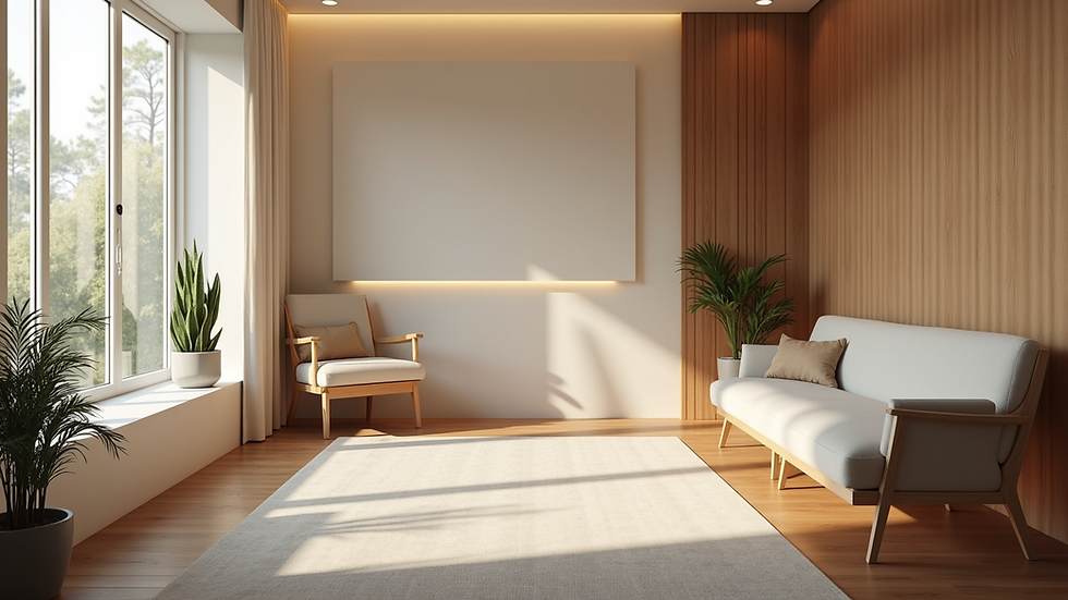 Eye-level view of a serene therapy room with comfortable seating