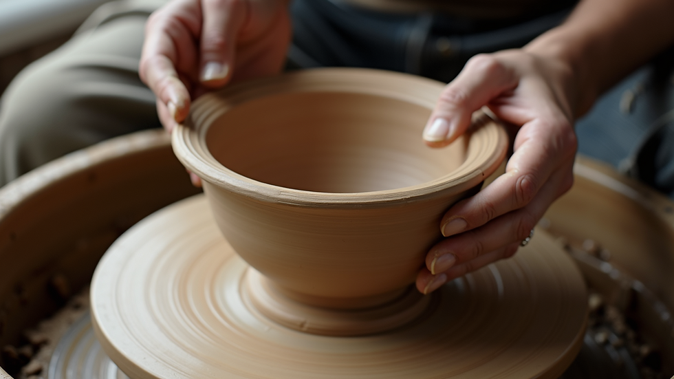 High angle view of a newly formed clay bowl on a potter's wheel