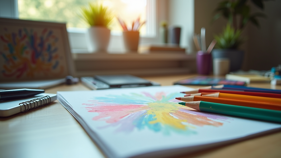 Eye-level view of colorful art supplies on a desk