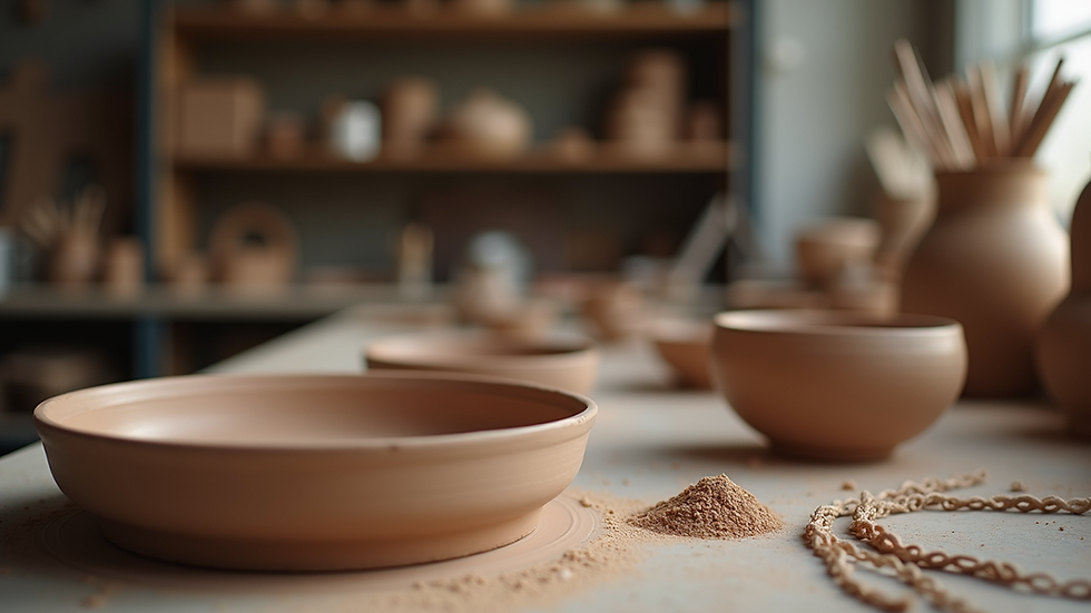 Eye-level view of a pottery studio filled with clay tools and pottery pieces