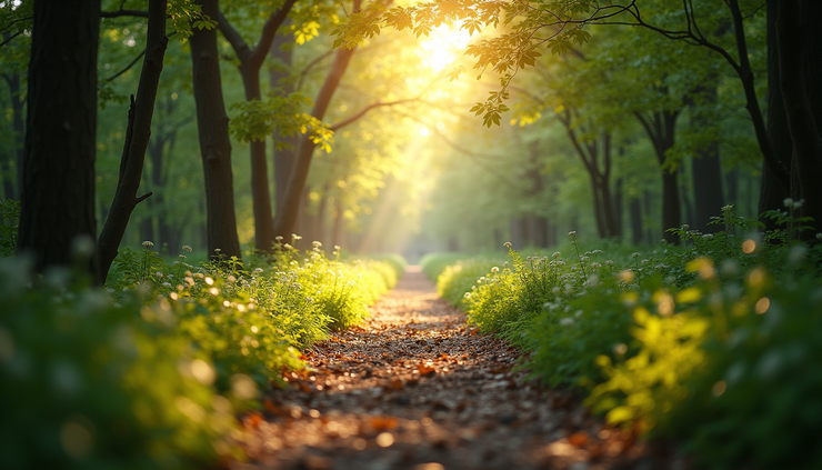 Eye-level view of a quiet forest path with soft sunlight filtering through trees