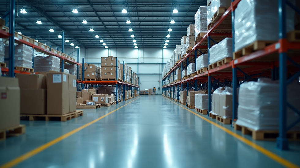 Eye-level view of a modern warehouse with automated systems