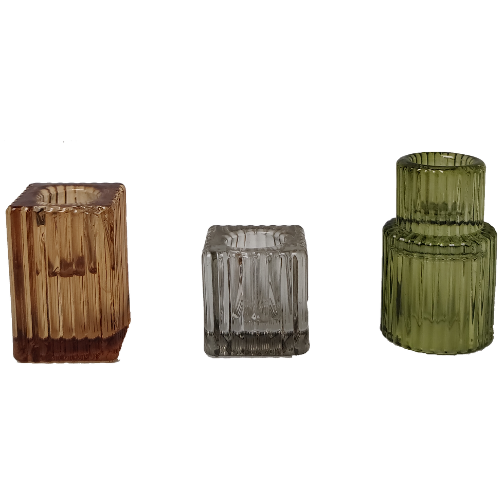 Product picture of the three candle holders. The colour of the candle holders are amber green and white