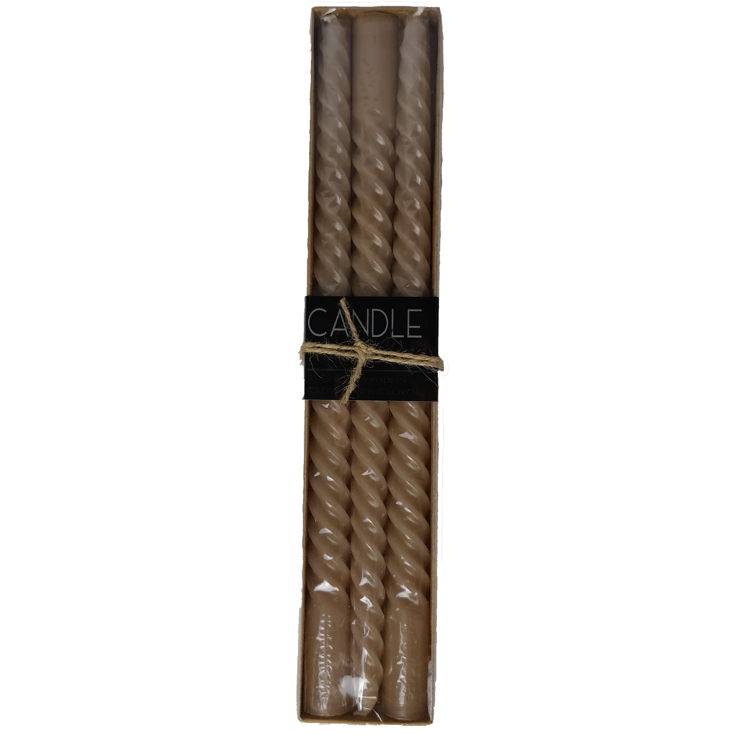A package of six spiral candles in a brown, beige colour