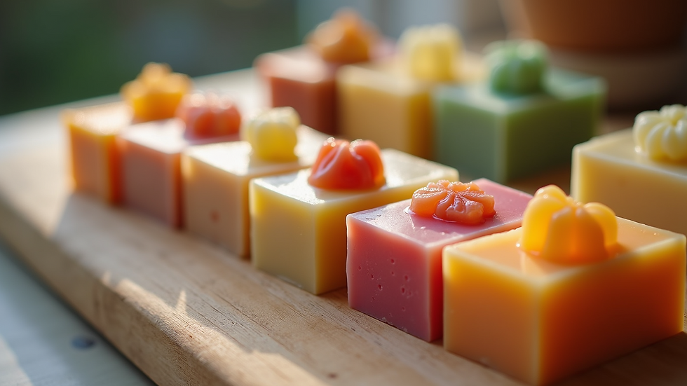 Eye-level view of a variety of colourful hand crafted soaps arranged on a wooden surface