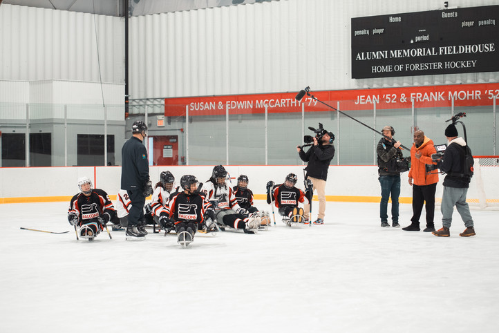 film crew on a hockey rink for harlem globetrotters by Chromatone Studios in Chicago