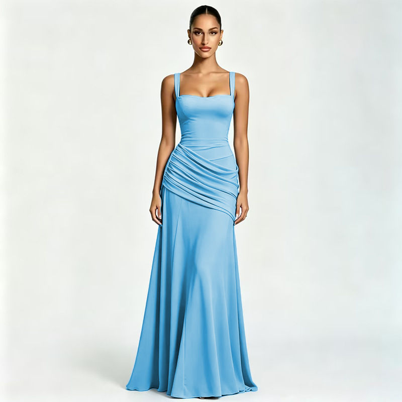 Thumbnail: Solid-color sleeveless fitted-waist flared slip dress