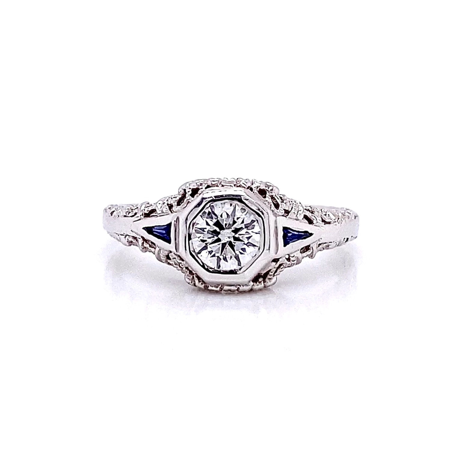 14kt White Gold 0.72ctw Round Diamond & Sapphire Gemstone Ring