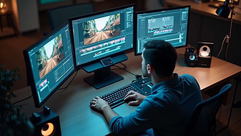 High angle view of a video editor working on a timeline in a professional editing suite