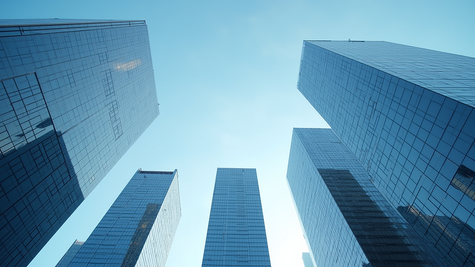 Eye-level view of a modern skyline with a clear blue sky