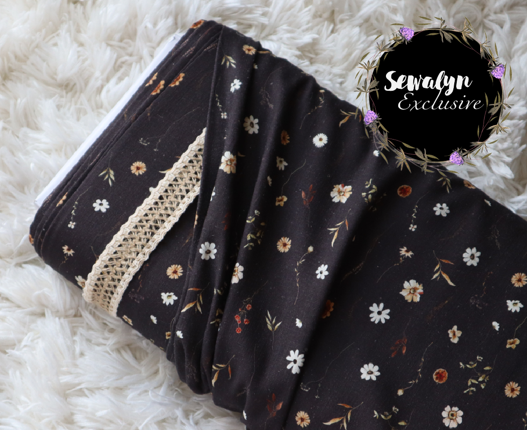 Linen Viscose Botanical Wildflower Blk