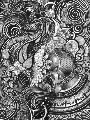 An abstract drawing of a face emerging from swirling patterns, flowers, and imaginary letters.
