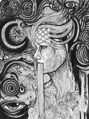 abstract ink drawing of a woman with swirling patterns and eyeballs floating around her.