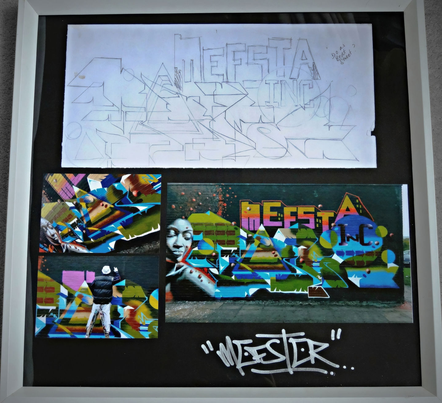 A graffiti sketch drawn in pencil that is framed along with some photographs by writer artist Mef Remo HBR Hated But Rated crew
