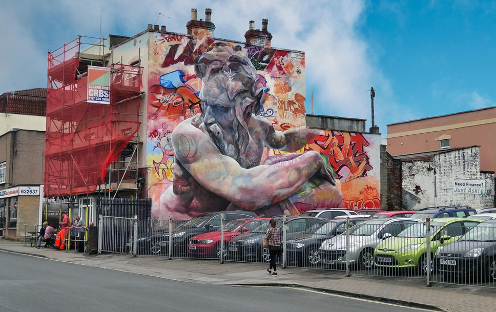 Orange and red coloured piece of renaissance inspired street art