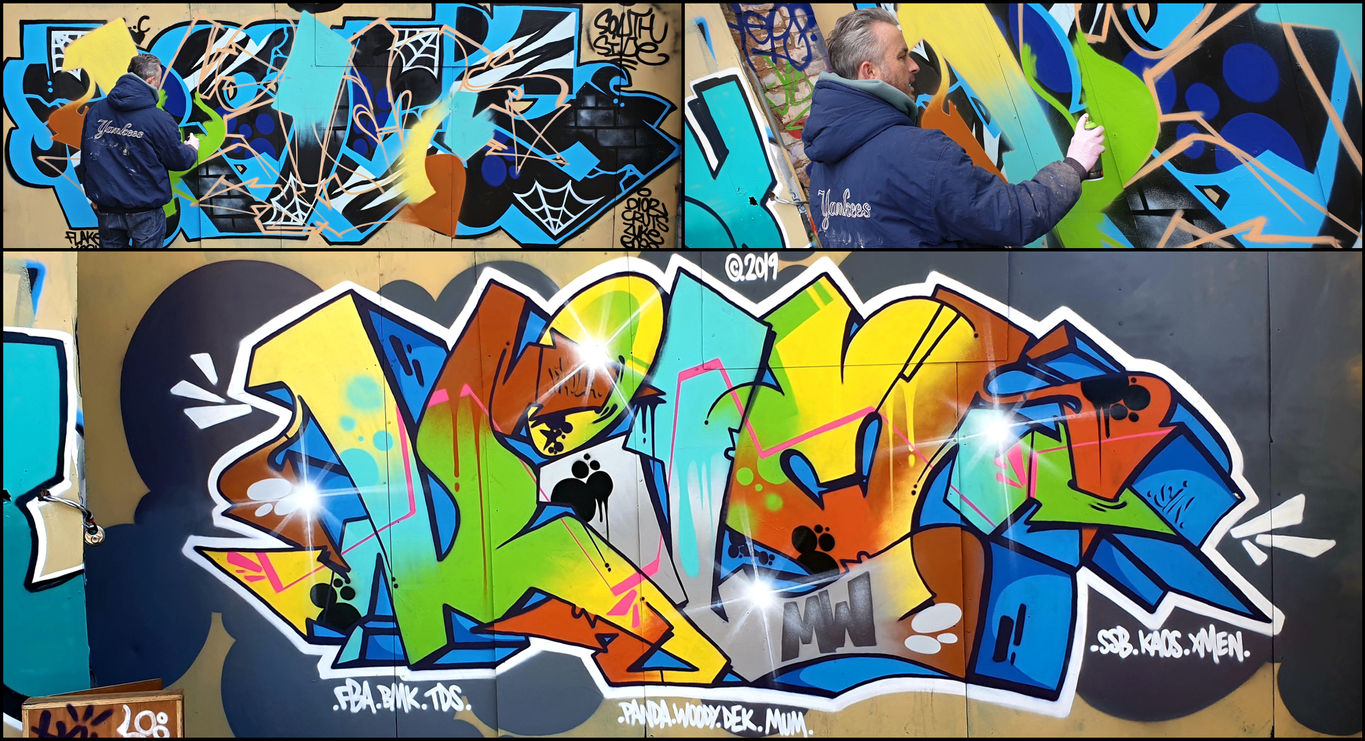 Multi coloured, stylish looking, graffiti letters featuring a 3D effect and arrows