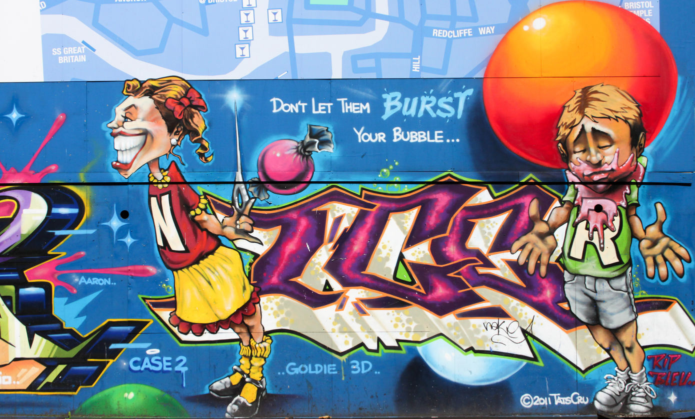 Graffiti lettering featuring a character with bubble gum on their face and another holding a needle
