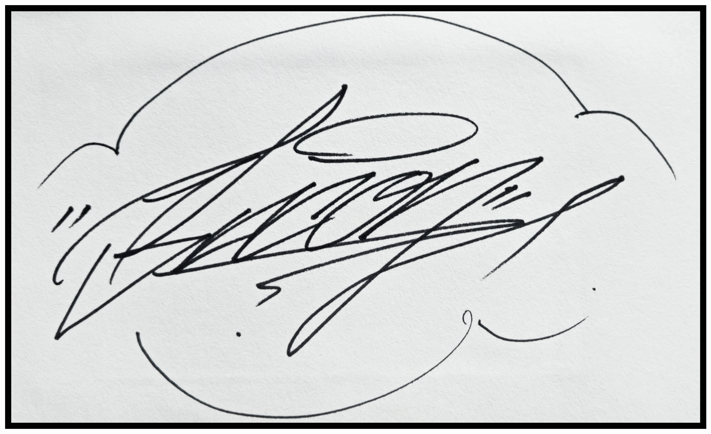 A black graffiti tag on a blank page