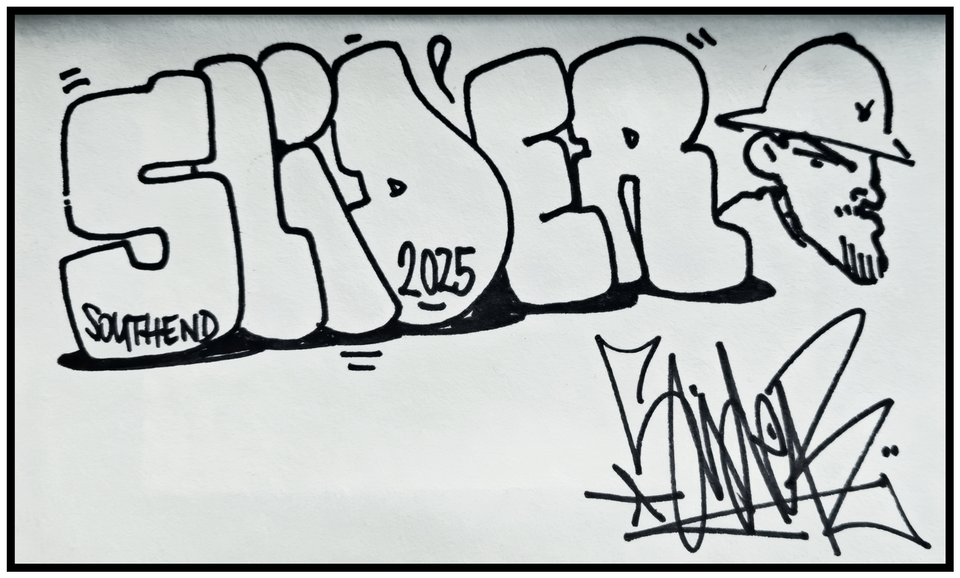 A black graffiti tag and character on a blank page